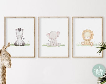 Safari nursery art prints, Baby nursery wall art, Set of 3 prints, Zebra, Lion, Elephant, Safari nursery pictures
