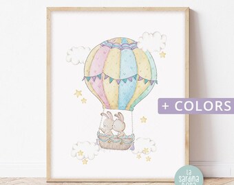 Bunny nursery wall art, Hot air balloon art, Kids room decor, Watercolor print, Woodland adventure nursery print, 2 colors