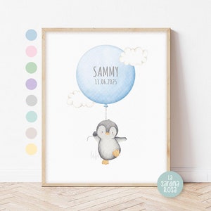 Impresión de guardería personalizada de pingüino, póster de animal ártico para bebé, regalo para recién nacido, arte de pared de acuarela de pingüino lindo, decoración de habitación de niños, impresión de nacimiento