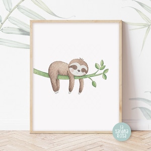 Impresión de perezoso, arte de pared para guardería de bebé, arte de animales de la jungla, arte de pared de perezoso durmiendo, decoración de habitación de niños, decoración de guardería tropical