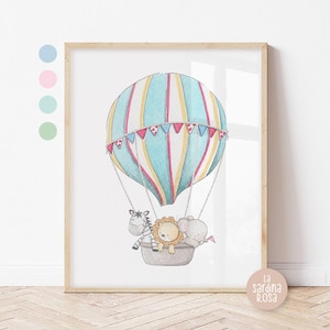 Hot air balloon print, Safari nursery art, Gender neutral Baby room print, Travel theme nursery decor