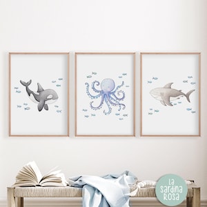 Set of 3 Ocean nursery prints, Under the sea baby wall art, Nautical nursery decor set Orca Whale, Shark, Octopus print