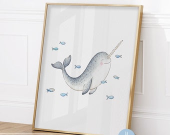 Narwhal art, Whale print, Ocean nursery decor, Arctic animals print, Sea life art, Unicorn of the sea