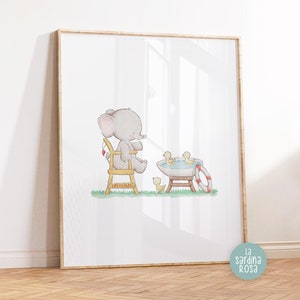 Elephant nursery wall art, Kids bathroom poster, Baby room decor, Baby elephant and duckling print, Baby nursery print