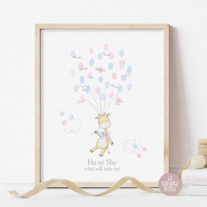 Gender reveal thumb print sign, Giraffe, he or she printable sign, Guess the gender game, Fingerprint balloon guestbook, What will baby be