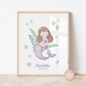 Mermaid print, Girls room decor, Mermaid poster, Baby nursery wall art, Personalized print, Under the sea art print