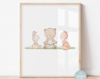 Woodland nursery decor, Baby room print, Forest animals art, Kids room print, Reading nook art, Book poster UNFRAMED