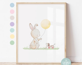 Nursery wall art, Baby bunny print, Forest nursery decor, Baby room art print, Kids room wall art - 6 Colors