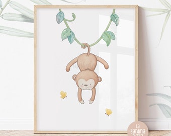 Kids room art, Monkey nursery print, Jungle theme, Baby nursery wall art, Safari baby animals print