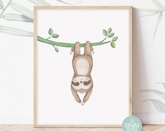 Baby sloth nursery print, Jungle animals nursery, Cute sloth decor, Baby room wall art, Gender neutral watercolor nursery art