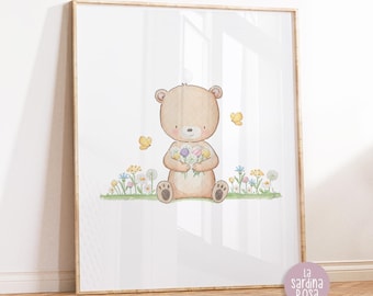 Lámina de osito bebé, animal de guardería del bosque, decoración de pared para habitación infantil, lámina de oso para guardería, póster para habitación infantil unisex