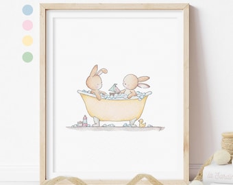 Baby nursery print, Bunny wall art, Kids bathroom decor,  Watercolor bunny art, Twins print 4 colors