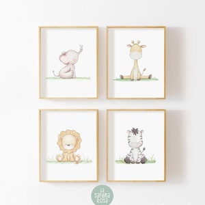 Safari animal nursery print set, Neutral Jungle baby room wall art, Children bedroom decor, Watercolor Elephant, Lion, Giraffe, Zebra poster
