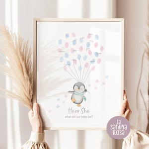 Gender reveal guestbook Baby Penguin, Thumbprint sign, Guess the gender game, Boy or girl, What will baby be, Winter Fingerprint guestbook.