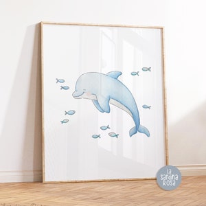 Dolphin nursery wall art, Ocean nursery print, Watercolor dolphin print, Under the sea animals wall art, Kids room print