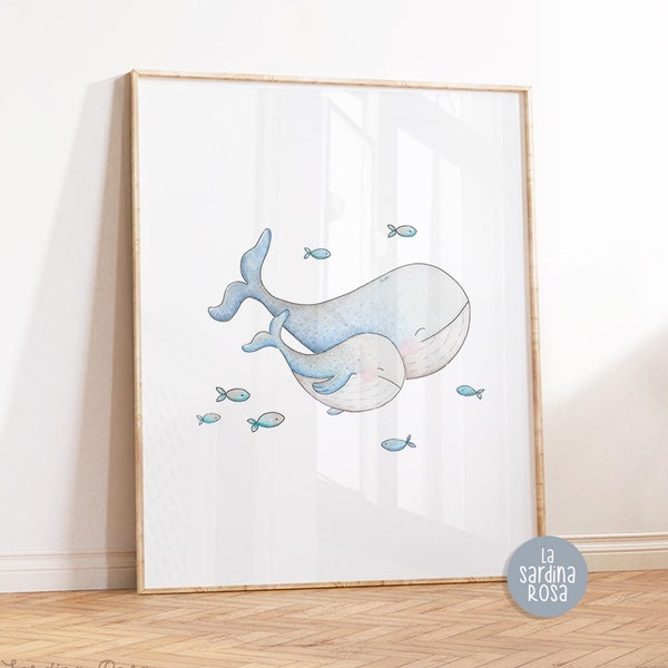 Whale Nursery Print, Mom and Baby Ocean Art (Unframed)
