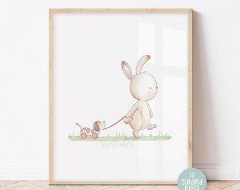 Baby bunny nursery wall art, Baby room print, Whimsical Rabbit poster, Watercolor woodland nursery decor, Toddler playroom art