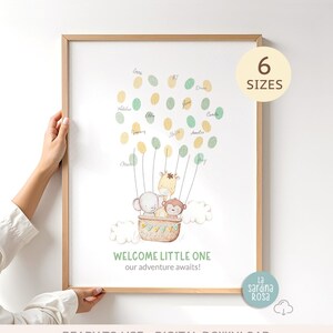 Libro de visitas para baby shower de safari, globo aerostático con huellas dactilares, animales salvajes de la jungla, póster imprimible con firma de huella dactilar, letrero de bienvenida para bebé
