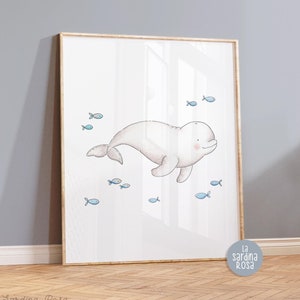 Whale nursery art print, Ocean wall art, Beluga whale art, Under the sea print, Watercolor nursery art