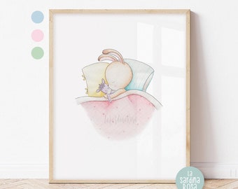 Stampa per cameretta da bambina, Coniglietto, Decorazione per la cameretta del bebè, Quadro con animali, Illustrazione ad acquerello fantasiosa, 3 COLORI