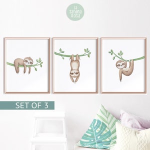 Juego de impresiones de perezosos, arte de pared para guardería de bebé, decoración tropical, arte de pared para guardería de perezosos, impresión de animales de la jungla
