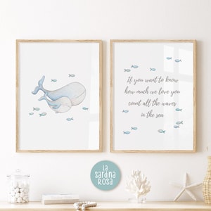 Arte de pared de ballena bebé, Juego de impresiones para guardería, Guardería náutica, Impresión de ballena, Arte con cita de amor, Regalo para mamá y bebé, Si quieres saber cuánto