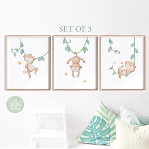 Conjunto de arte infantil de monos, decoración de habitación de bebé, conjunto de láminas infantiles de jungla, arte de pared de mono bebé, decoración de animales tropicales