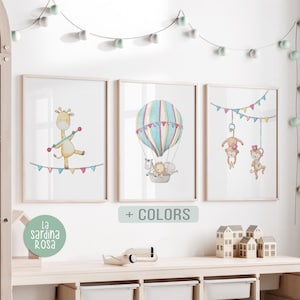 Set of 3 animal nursery wall art, Kids room decor, Hot air balloon print, Circus themed nursery, Giraffe Monkey