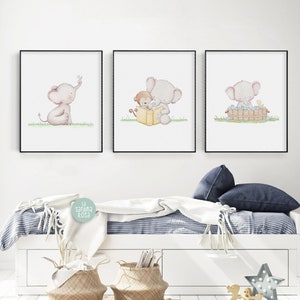 Elephant nursery art, Set of 3 Poster, Baby room wall art, Elephant prints set of 3, Baby shower gift