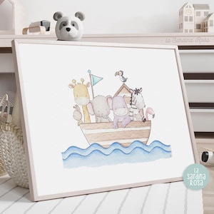 Kids playroom print, Noah's ark nursery wall art, Safari animals on a boat print, Travel nursery decor