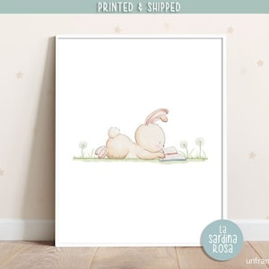 Baby bunny nursery art, Playroom print, Watercolor bunny art, Kids room print, Reading corner print