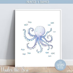 Ocean nursery wall art, Sea life print, Octopus, Nautical Baby room decor, Under the sea animal, Watercolor sea print image 2