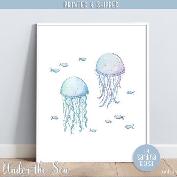 Affiche meduse, Déco mural chambre bébé, Thème marin, Poster meduse aquarelle, Affiche chambre enfant, Affiche animaux de la mer