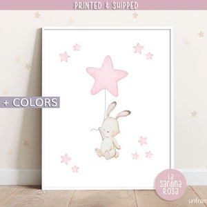 Baby bunny wall art, Girl nursery art print, Star nursery decor, Watercolor bunny print, Baby room decor 4 COLORS