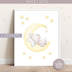 Elephant nursery art, Moon and stars print, Neutral nursery decor, Baby elephant print, Grey and yellow art, Elephant sleeping on the moon