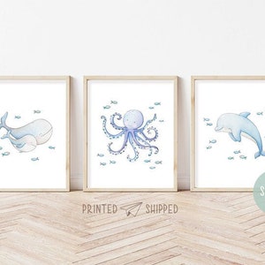 Set of 3 Under the sea wall art, Ocean nursery decor, Nautical nursery print set, Sea life animals art, Whale, Dolphin, Octopus print