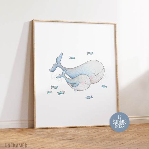 Baby room decor, Whale nursery print, Ocean nursery art decor, Mom and baby, Baby shower gift, Mother's day gift