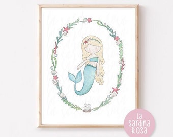 The little mermaid wall art, Girls room decor, Mermaid print, Princess nursery art, Under the sea theme