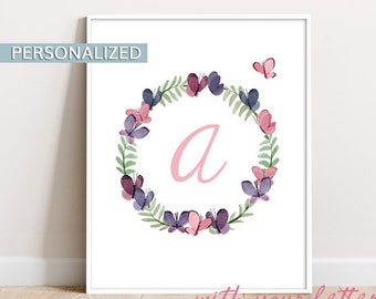 Monogram art print, Nursery wall art, Girl room decor, Flower wreath monogram, Butterfly nursery art