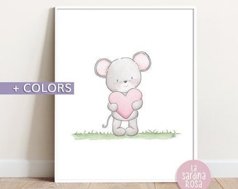 Mouse print, Woodland nursery decor, Watercolor mouse prints, Woodland friends, Kids room wall art