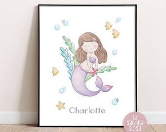 Mermaid print, Girls room decor, Mermaid poster, Baby nursery wall art, Personalized print, Under the sea art print