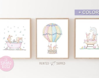 Woodland nursery decor, Bunny wall art, Baby nursery prints set of 3, Woodland animals, Girl nursery print