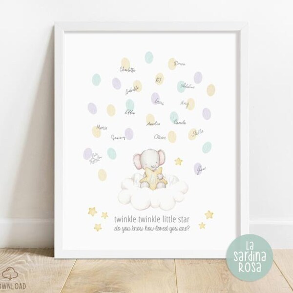 Baby shower Guest book alternative, Twinkle twinkle little star, Printable thumbprint Guestbook, Fingerprint balloon