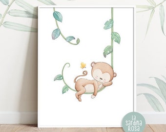 Monkey art print, Nursery wall art, Jungle theme decor, Baby room print, Safari baby animals