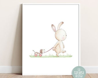 Baby bunny nursery wall art, Baby room print, Woodland nursery, Bunny print, Watercolor nursery decor, Baby room art.