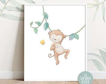 Monkey print, Baby room wall art, Jungle nursery decor, Tropical wall art, Baby animals prints