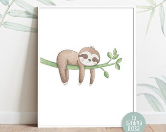 Sloth print, Baby nursery wall art, Jungle animals art, Cute sloth print, Tropical nursery decor