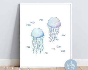 Nautical nursery wall art, Under the sea animals print, Baby room decor, Watercolor nursery print, Jellyfish art