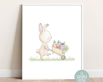 Bunny print, Neutral nursery decor, Bunny wall art, Baby woodland nursery, Rabbit art print