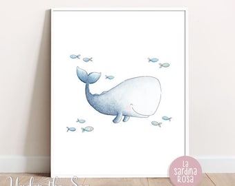 Whale nursery wall art, Under the Sea print, Ocean nursery wall art, Watercolor sperm whale print